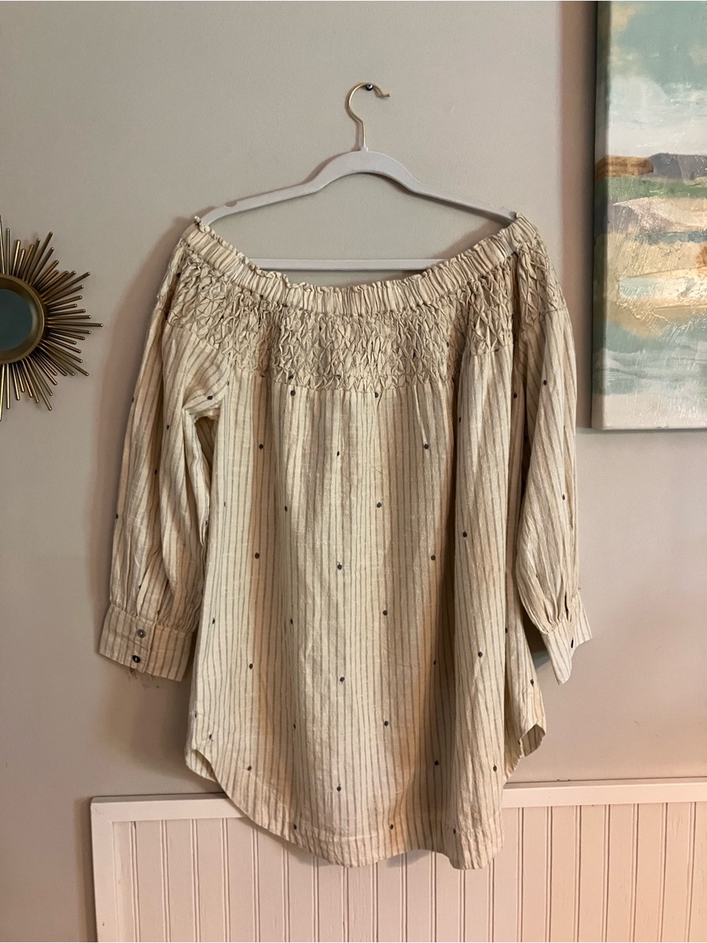 A Rare Bird Smocked Off-Shoulder Cream Striped Button-Front Tea Stained Top
NWT - Picture 2 of 10